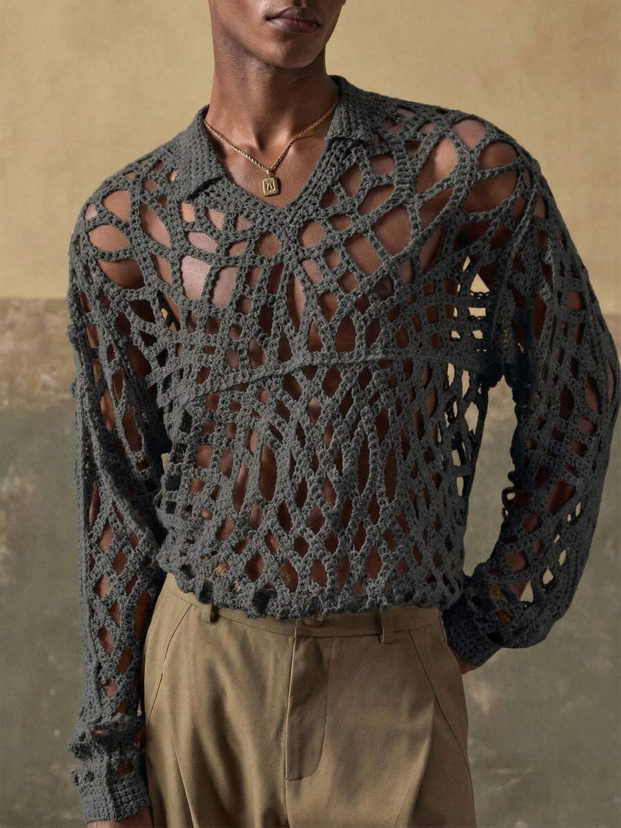 AKNOTIC Business Casual 男士针织钩编杏色花卉休闲宽松长袖衬衫，适合夏季、秋季、度假、日常搭配、派对、情侣装，男士礼物 - 灰色 - 查看 1