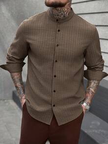 Manfinity CasualCool 男士纯色长袖单排扣休闲衬衫 - 卡其色 - 查看 6