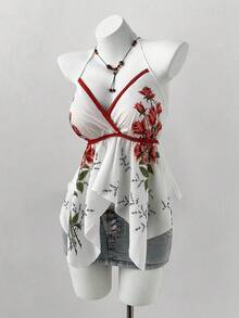 Sunspun 大码女式碎花不对称下摆露背吊带背心，春夏款 - 橘色 - 查看 6