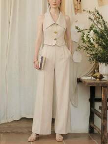 Vintamour Vintage Elegant Women's Suit Set Light Beige,Summer Lapel Metal Button Vest With Pockets & Casual Trousers,Office Work Wear Vacation Outfit Sets - Beige - View 3