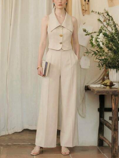 Vintamour Vintage Elegant Women's Suit Set Lapel Metal Button Vest With Pockets & Casual Trousers Work Vacation Holidays Summer Outfits For Women Summer Clothes Spring Outfit Women Spring Clothing Spring Clothes Women Easter Work Outfits For Women Office Outfits For Women Work Wear Women Office Wear For Women Vacation Outfits Women Summer Holiday Outfits For Women Vacation Outfit Sets For Women