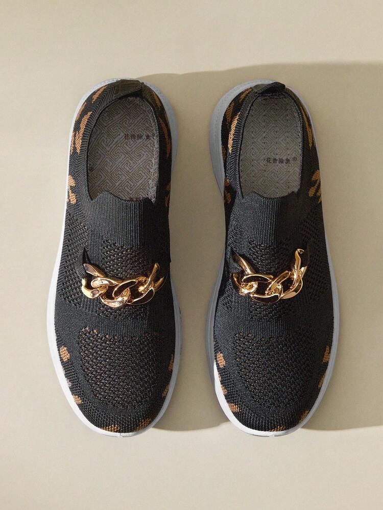 CUCCOO EASI Black And Gold Casual Sports Chunky Sneakers, Metal Chain Decorative Platform Sneakers, Spring And Summer Commuting Versatile Women's Shoes