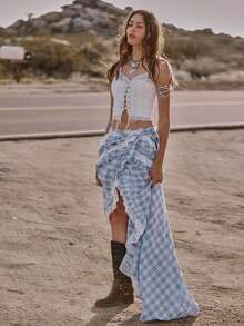 Easelle 波西米亚音乐节蕾丝拼接高低摆飘逸性感女裙 - 藍色 - 查看 1