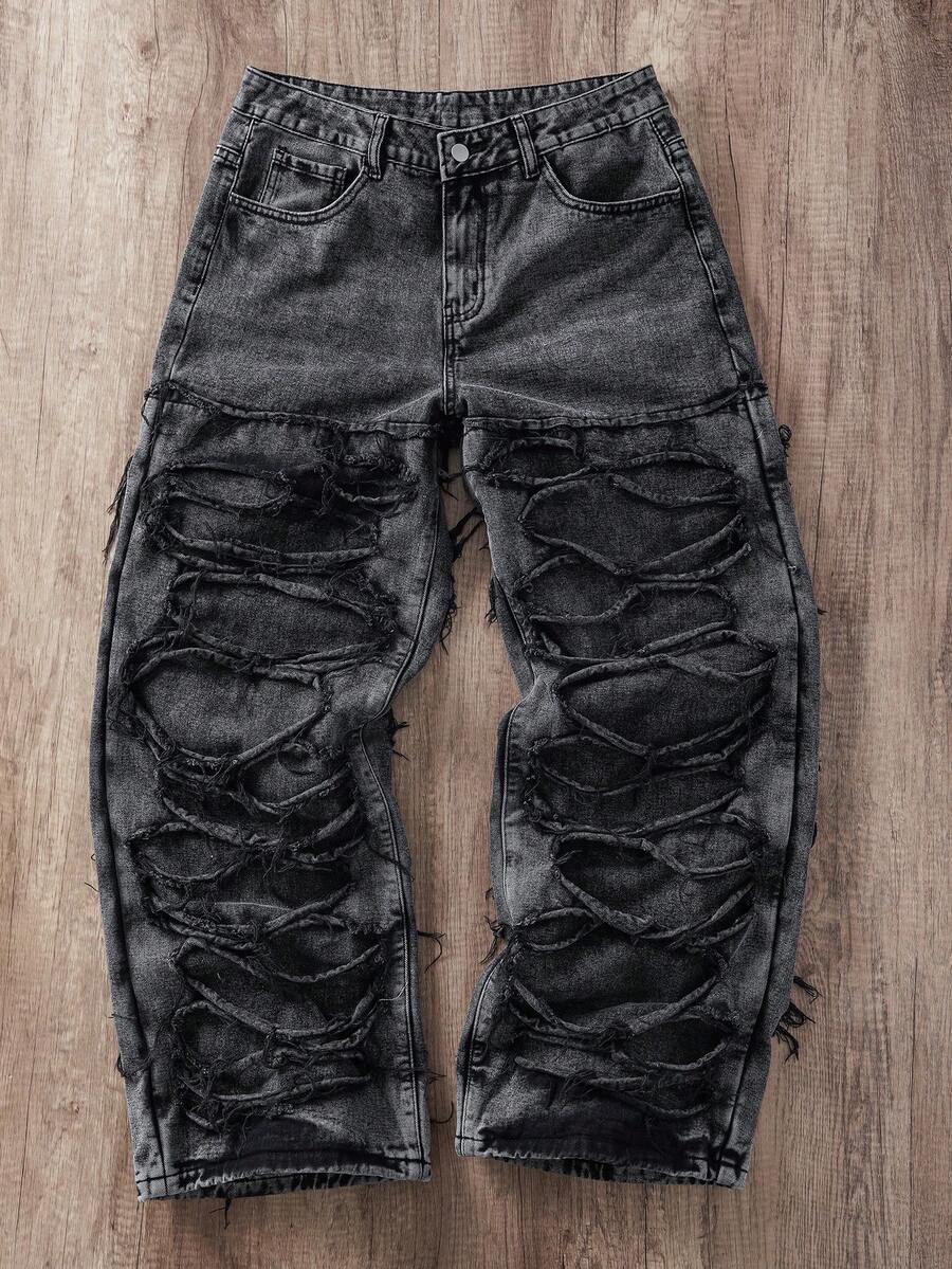 Manfinity Joysei Men's Casual Distressed Frayed Hem Dark Grey Denim Jeans - Black - View 1