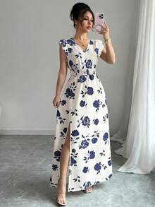 Rafferiza 女士碎花束腰开衩连衣裙 - 杏色 - 查看 1