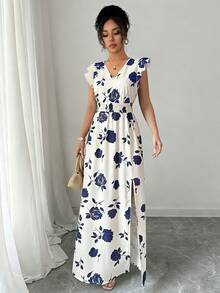 Rafferiza 女士碎花束腰开衩连衣裙 - 杏色 - 查看 5