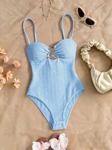Franclia Sexy Spaghetti Strap Front Metal Buckle Knit Fabric Light Blue Women's Beach Bodysuit, Women's Shiny Bodysuit, Women's Holiday Bodysuit, Blue Bodysuit - Baby Blue - View 3
