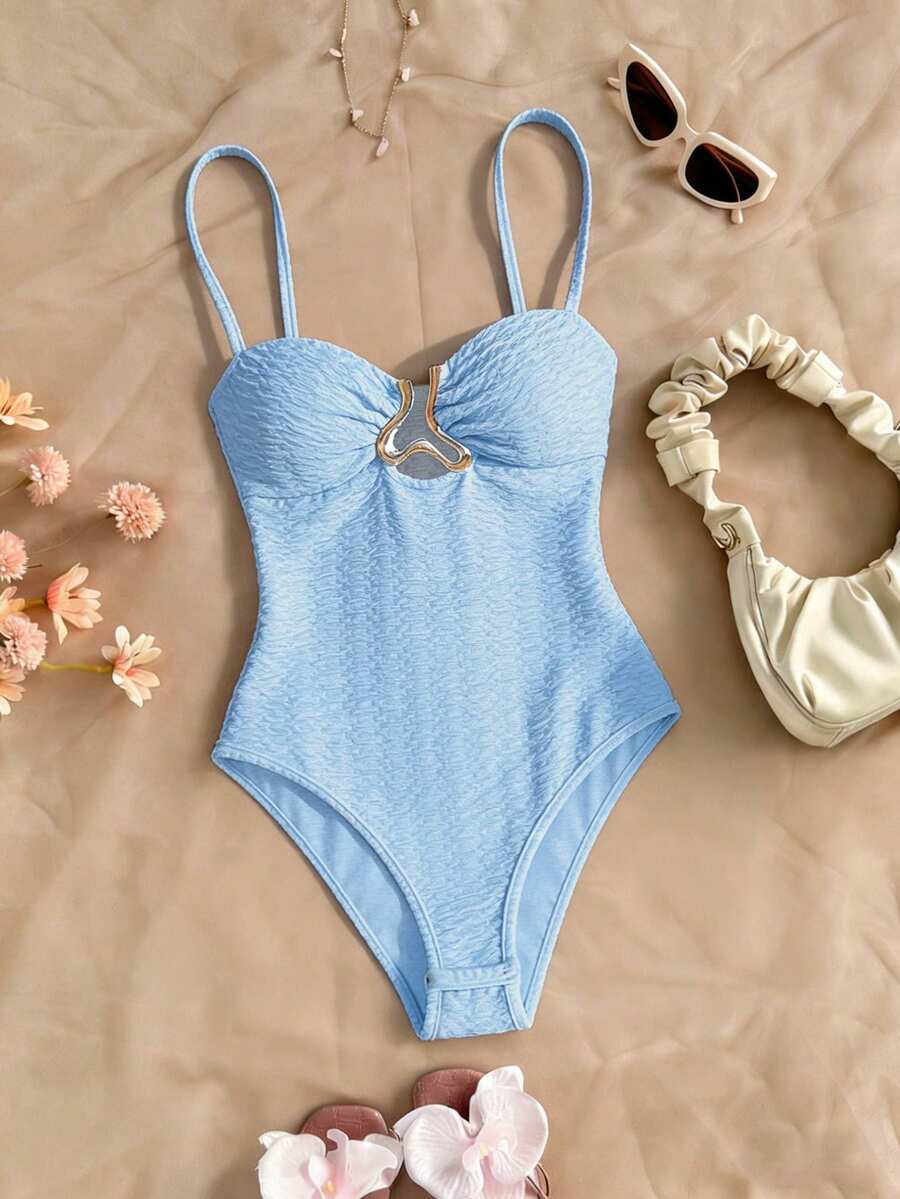 Franclia Sexy Spaghetti Strap Front Metal Buckle Knit Fabric Light Blue Women's Beach Bodysuit, Women's Shiny Bodysuit, Women's Holiday Bodysuit, Blue Bodysuit - Baby Blue - View 1