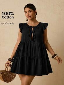 Travachic Plus Size Women Solid Color Front Tie Cap Sleeve Cute Dress - Black - View 5
