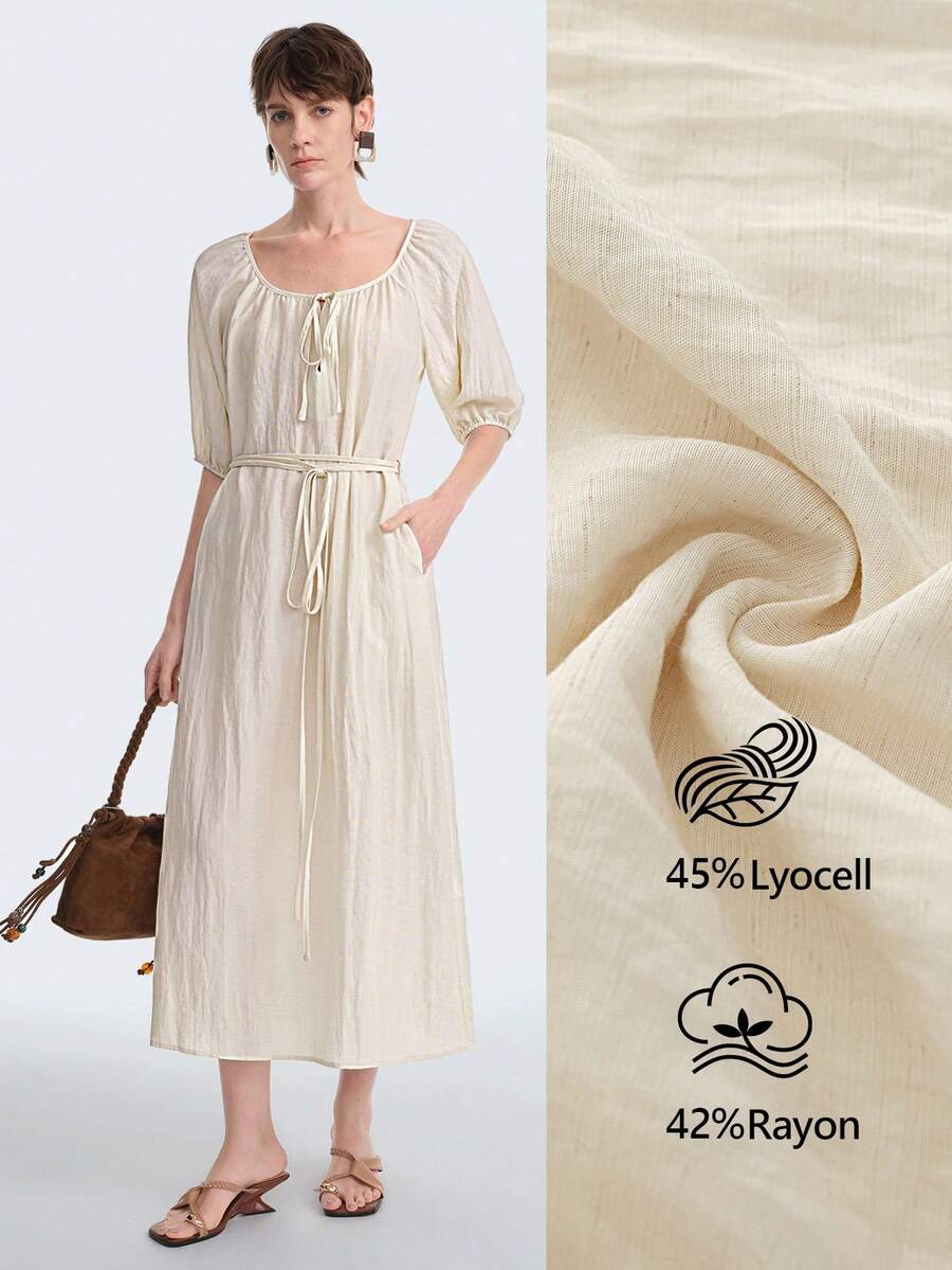 Aalyst Robe en coton Tencel col en U avec col cravate, taille avec lien, poches latérales, fente dans le dos, coupe ample, élégante, romantique, vintage, bureau, décontractée, plage, polyvalente, nouvelle arrivée printemps/été - Nude - Voir 1