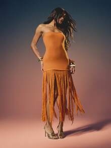 MISSGUIDED 无肩带针织流苏下摆长款连衣裙，波西米亚风节日派对修身晚礼服，橙色长裙 - 橘色 - 查看 1