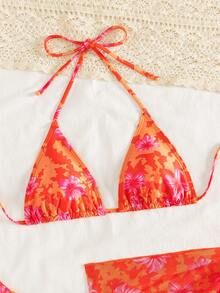 Swim Basics Bộ bikini 3 món in họa tiết hoa, đồ bơi đi biển cho kỳ nghỉ. - trái cam - Xem 4