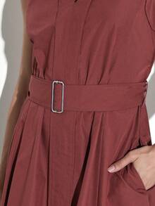 KSTM Women's V-Neck Sleeveless A-Line Midi Dress With Belt Detail And High Low Hem Perfect For Events And Special Occasions - Redwood - View 6