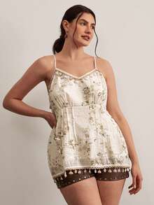 Freevana Áo camisole nữ cỡ lớn thời trang đính hạt, thích hợp cho lễ hội âm nhạc, kỳ nghỉ, phong cách vintage. - Màu be - Xem 1