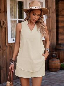 EMERY ROSE 女士度假休闲纯色背心短裤两件套 - 杏色 - 查看 3