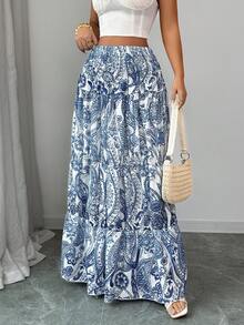 Selianne 女士波西米亚印花半身裙，休闲日常度假款，春夏款 - 藍色 - 查看 3