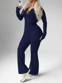 Slayform Women's Plus Size Casual Zip-Up Jacket With Thumb Hole & High Waist Flare Pants 2 Pieces Set Long Sleeve Set Yoga Set Flare Set Sport Set Long Sleeve Jumpsuit Yoga Jumpsuit Flare Jumpsuit Sport Jumpsuit Jumpsuit For Women - Navy Blue - View 5