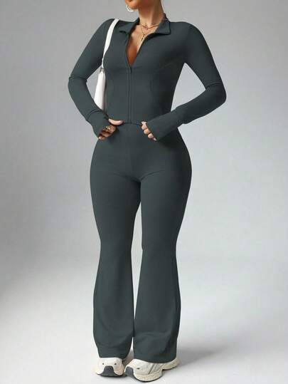 Easithlete 女式加大码休闲拉链夹克，带拇指孔和高腰喇叭裤两件套，适合所有季节