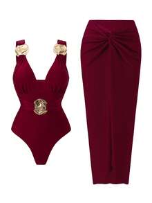 SHEIN Swim Oasis 女士棕色纯色连体泳衣+金色圆圈装饰长裙，优雅性感沙滩度假装 - 酒紅色 - 查看 3