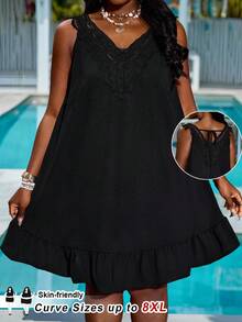 SHEIN CURVE+ Curve 尺码 US22 音乐节、海滨度假、波西米亚风女士夏季休闲沙滩度假风撞色蕾丝荷叶边下摆无袖宽松连衣裙 - 黑色 - 查看 6