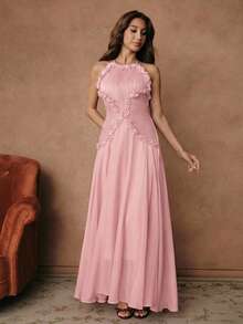 Anewsta Elegant Neck-Tie Waist Pleated Ruffle Hem High-End Mini Dress - Pink - View 5