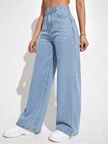 SHEIN ICON Celana Jeans Kasual Model Washed Pinggang Tinggi Potongan Lurus - Light Wash - View 5