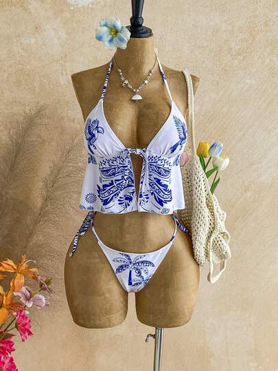 Soleia Women's Summer Beach Vacation Tropical Print Backless Tie-Front Split Bikini Set