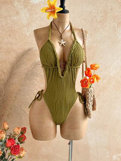 Soleia Áo tắm liền thân cổ yếm màu xanh lá cây dành cho nữ, thích hợp cho kỳ nghỉ biển.