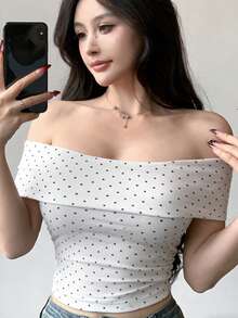 DAZY Áo thun ôm sát trễ vai in họa tiết chấm bi phong cách thường ngày mùa hè - Màu be - Xem 2