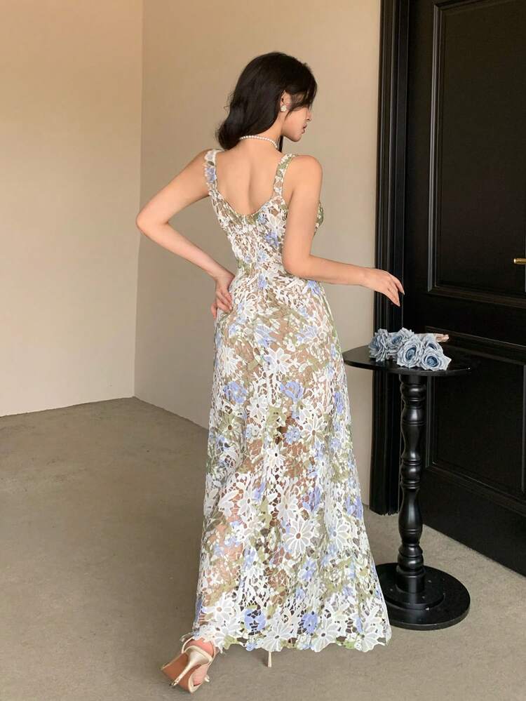Women's Elegant Floral Lace Sleeveless Long Dress, Suitable For Spring And Summer