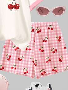 Conjunto de 2 piezas de camiseta de manga corta de cuello redondo holgada y pantalones cortos con estampado de cuadros en blanco crema y rosa crema, estilo vintage retro dulce y elegante para niñas preadolescentes, adecuado para primavera/verano, uso diario, casual, salidas, vacaciones, campus, verano y atuendos de verano, cómodo y fácil, capas de verano para niños, ropa gráfica vintage de niños, de vuelta a la escuela, homecoming, estilo relajado, chic relajado, atuendos con vibra tranquila - Multicolor - Ver 6
