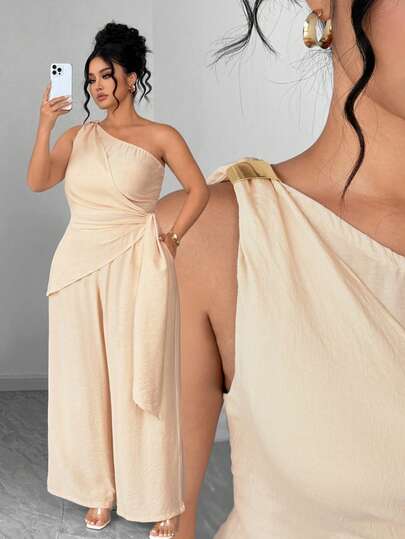 Elenzga Plus Size Women's Spring/Summer French Elegant Luxury Minimalist Design Casual Bohemian Vacation/Work Commute Vintage Style Comfortable Solid Color Linen-Like Fabric Sleeveless Top With Metal Decor And Drawstring Waist Pants 2-Piece Set