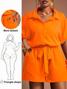 Truni 大码女士休闲沙滩短袖上衣短裤两件套，含腰带，适合各种场合，如舞蹈、复活节、复古、乡村音乐节、郊游、仙女风、假日、热带度假等。优雅女士休闲套装，夏季橙色纽扣两件套，上衣短裤套装，大码女士度假装，适合梨形和三角形身材。 - 橘色 - 查看 5