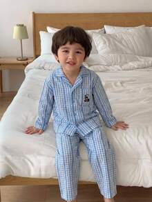 Hapijoa 男童格子卡通图案单排扣长袖上衣和裤子休闲家居服睡衣套装 - 藍色 - 查看 5