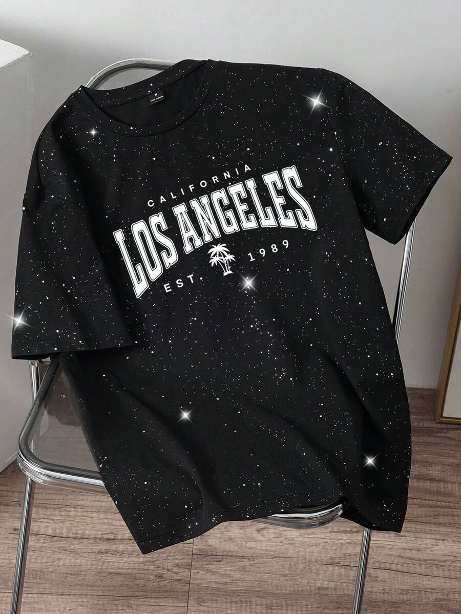 Manfinity Joysei Men's Rhinestone Decor Letter Print Short Sleeve T-Shirt, Fashionable And Versatile - Black - View 1