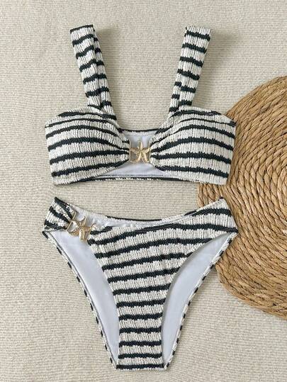 SHEIN Teen Girls Striped Tankini Swimwear With Starfish Metal Buckle Decor, Casual Beach Holiday Teen Striped Bikini Modest Two Piece Swimsuit Striped Two Piece Set,Kids