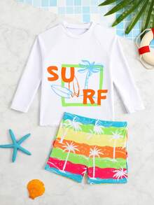 Young Boys'Tropical Holiday Style Printed 2-Piece Swimsuit Set,Long Sleeve Sun Protection Rash Guard Shirt&Swim Pants For Summer Beach Vacation - Multicolor - View 1