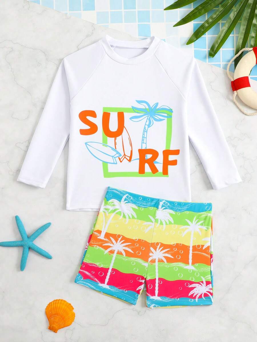 Young Boys'Tropical Holiday Style Printed 2-Piece Swimsuit Set,Long Sleeve Sun Protection Rash Guard Shirt&Swim Pants For Summer Beach Vacation - Multicolor - View 1