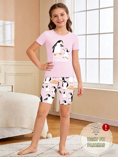 Tween Girls 2pcs Pajama Set, Cartoon Penguin Print Pink Short Sleeve Top & Allover Print Shorts, Snug Fit Comfortable Sleepwear