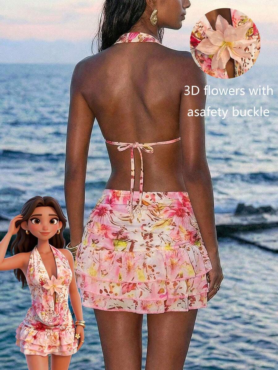 Women's Boho Multicolored Random Print Halter Camisole And Mini Skirt Knitted Two-Piece Outfit With Tie Back Details - Multicolor - View 1