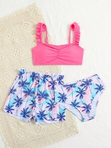SHEIN Conjunto de 3 piezas de bikini con volantes y estampado tropical aleatorio para niñas, adecuado para la playa, la natación, las vacaciones y el verano - Multicolor - Ver 7