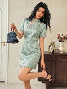 EastFlair Women's Jacquard Chinese Style Short Sleeve Elegant Mini Dress Chinese Style Dress Asian Dress Cheongsam Dress Chinese Outfit Women Qipao Dress - Green - View 2