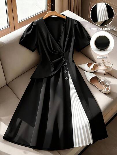 GlowEve CURVE Plus Size Women Elegant V-Neck Puff Sleeve Button Decor A-Line Waist Splicing Chiffon Pleated Slit Midi Dress, Suitable For Commuting Black And White Dress Women