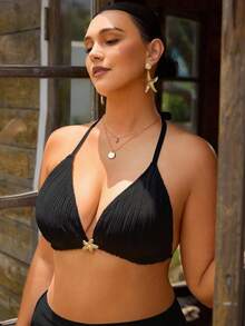 Swim Chiccia Plus Size Women Solid Color Halter Neck 3-Triangle Bikini Top Beach Vacation White Summer - Black - View 6