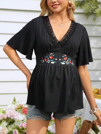 SHEIN 女士舒适V领拼接蕾丝刺绣腰部设计孕妇短袖上衣