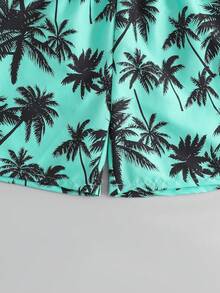SHEIN 一件青少年男童泳衣，绿色底黑色棕榈树印花，松紧腰带配抽绳设计，梭织面料，时尚休闲，适合游泳、夏季度假、海滩、泳池派对等场合。 - 薄荷綠 - 查看 5