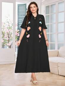 Lacomfia 大码女式纯色刺绣短袖宽松长裙 - 黑色 - 查看 4