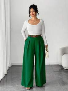 Elenzga Pantalones para mujer de talla grande, unicolor albaricoque, estilo elegante, de moda para ir al trabajo y la oficina - Verde - Ver 5