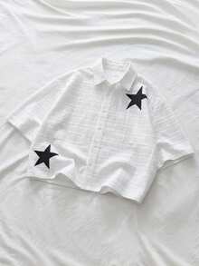 AXEPEAK Men's Pentagram Pattern Short Sleeve Casual Single-Breasted Shirt - White - View 6