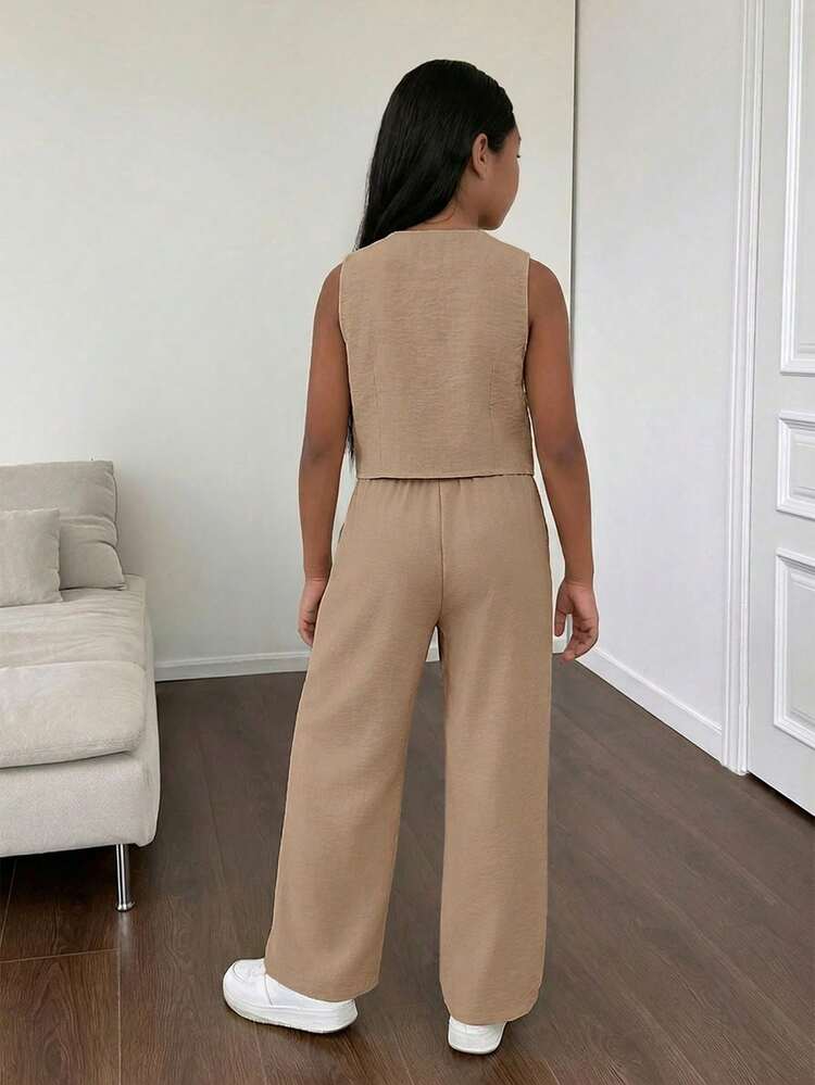 Firerie Kids Firerie Kids Pantalon droit à jambes larges à rayures tissées, style mode décontracté et pour les jeunes filles, idéal pour les trajets et l'école - Kaki - Voir 2